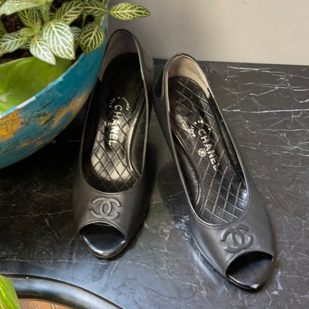 Black Chanel peep toe low pump